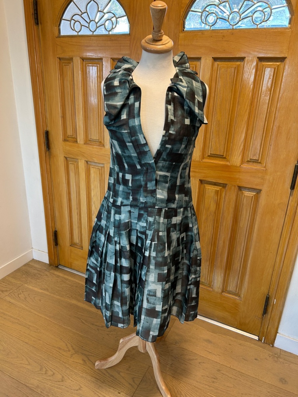 Marni - Teal, Grey & Black Geometric Pleated Midi Dress